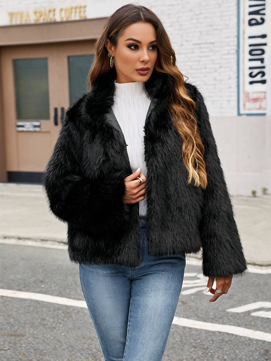 Cocolii manteau en fausse fourrure unicolore col montant poches manches longues femme élégant décontracté hiver veste