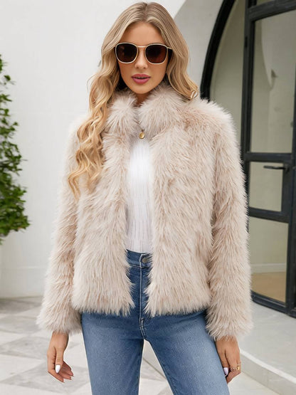 Cocolii manteau en fausse fourrure unicolore col montant poches manches longues femme élégant décontracté hiver veste