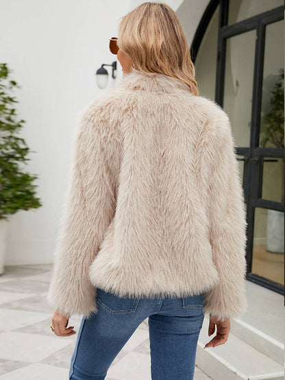 Cocolii manteau en fausse fourrure unicolore col montant poches manches longues femme élégant décontracté hiver veste