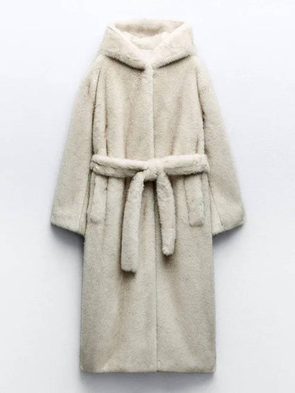 Cocolii longue manteau en fausse fourrure ceinture poches femme élégant décontracté oversized hiver veste