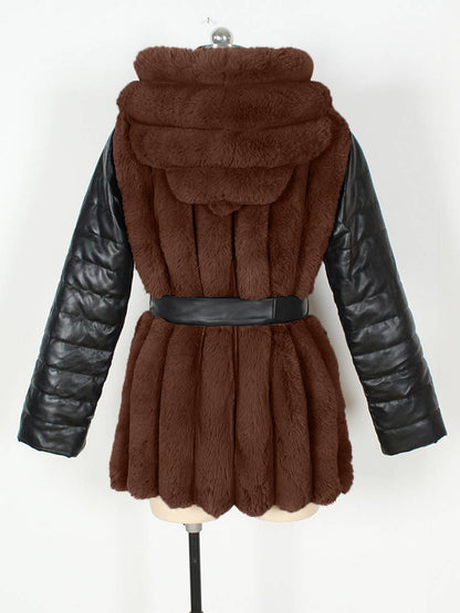 Cocolii mi-longue manteau en fausse fourrure à capuche fermeture éclair poches ceinture femme hiver veste décontracté ample