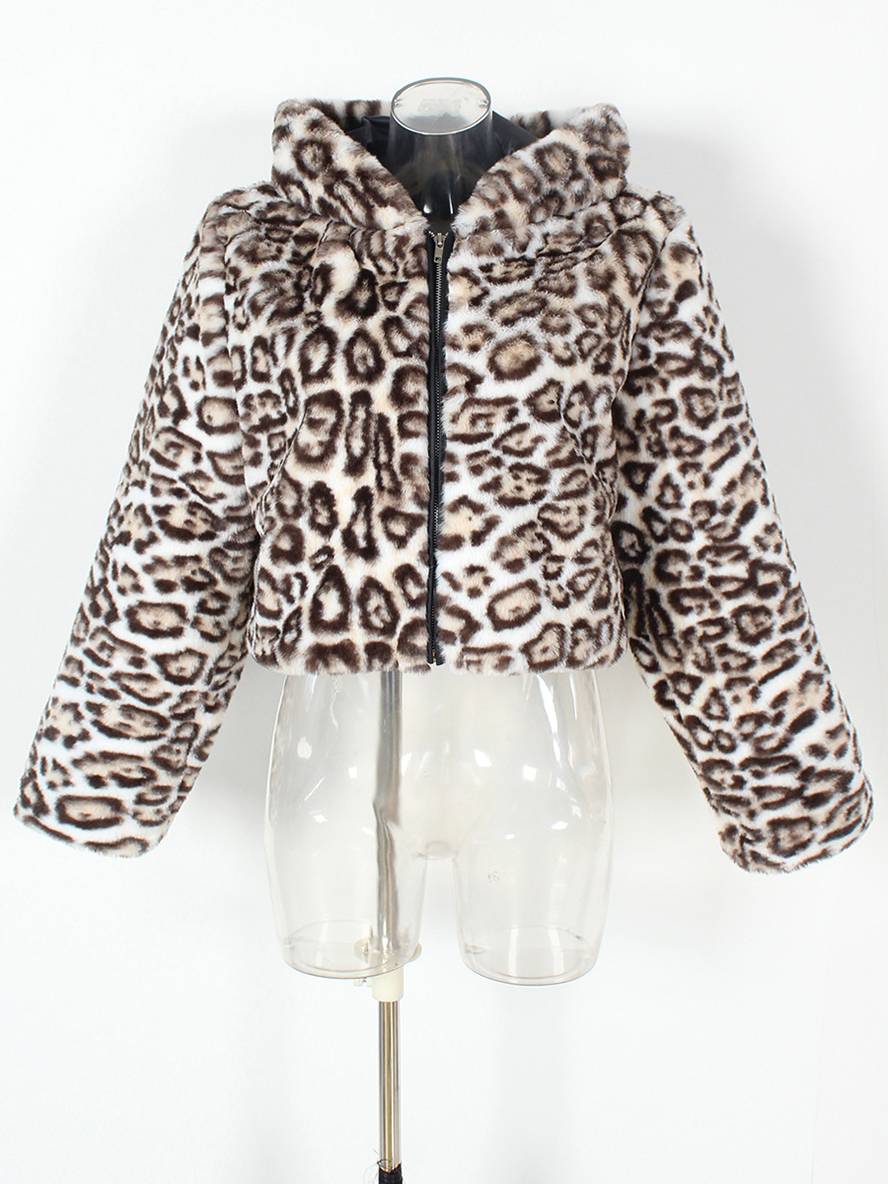 Cocolii court manteau en fausse fourrure léopard à capuche poches manches longues femme décontracté casual hiver veste