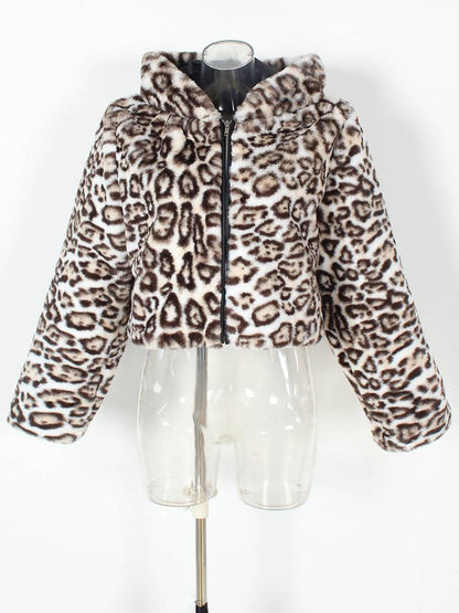 Cocolii court manteau en fausse fourrure léopard à capuche poches manches longues femme décontracté casual hiver veste