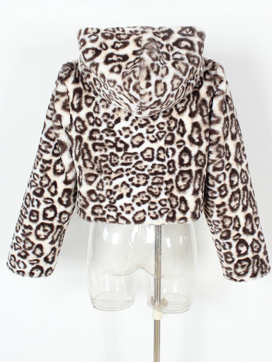Cocolii court manteau en fausse fourrure léopard à capuche poches manches longues femme décontracté casual hiver veste