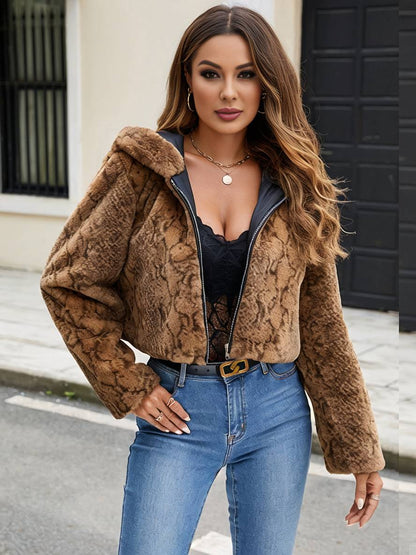 Cocolii court manteau en fausse fourrure léopard à capuche poches manches longues femme décontracté casual hiver veste