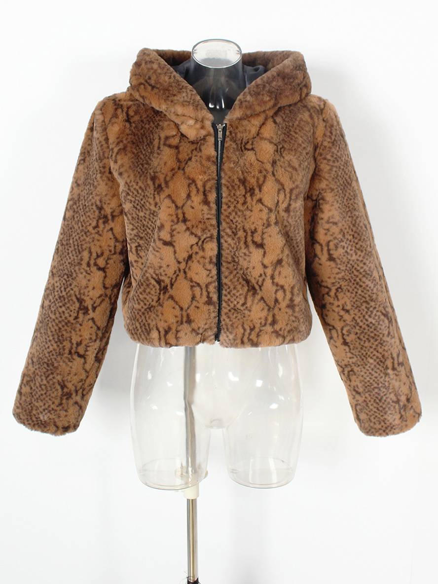 Cocolii court manteau en fausse fourrure léopard à capuche poches manches longues femme décontracté casual hiver veste