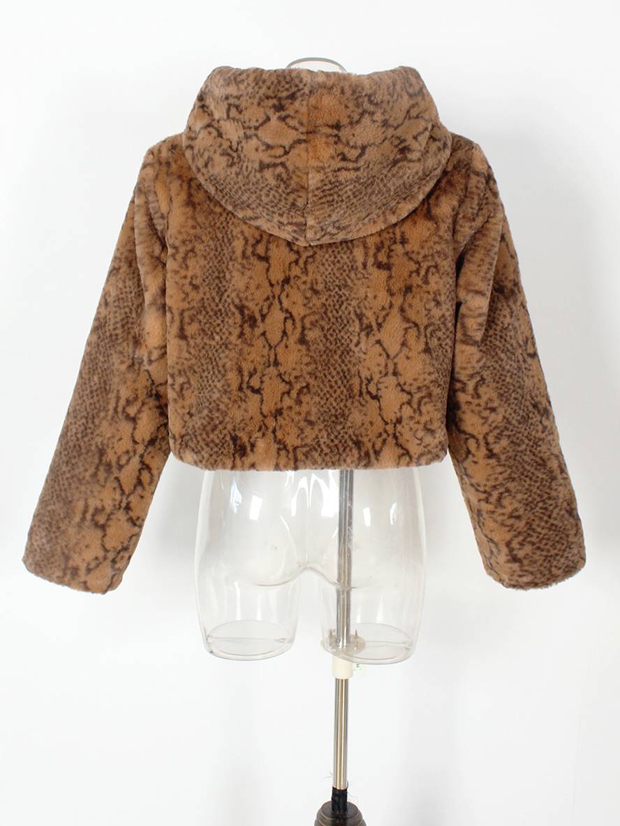 Cocolii court manteau en fausse fourrure léopard à capuche poches manches longues femme décontracté casual hiver veste