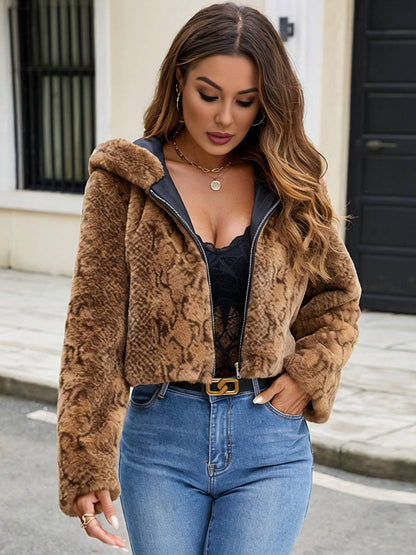 Cocolii court manteau en fausse fourrure léopard à capuche poches manches longues femme décontracté casual hiver veste