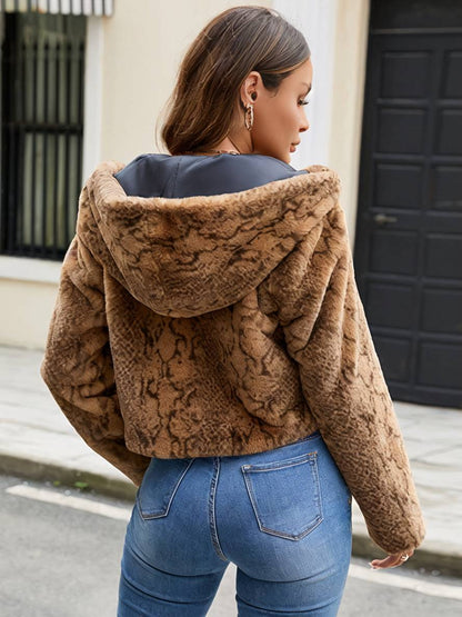 Cocolii court manteau en fausse fourrure léopard à capuche poches manches longues femme décontracté casual hiver veste