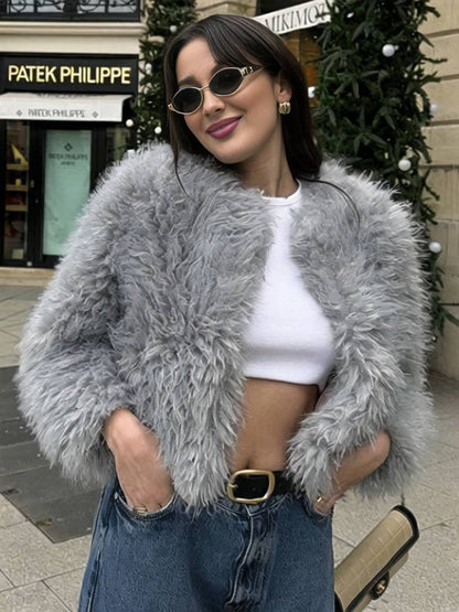 Cocolii court manteau en fausse fourrure col rond manches longues femme élégant décontracté casual hiver veste