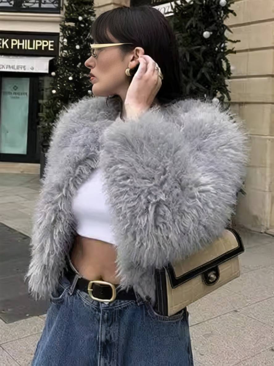 Cocolii court manteau en fausse fourrure col rond manches longues femme élégant décontracté casual hiver veste