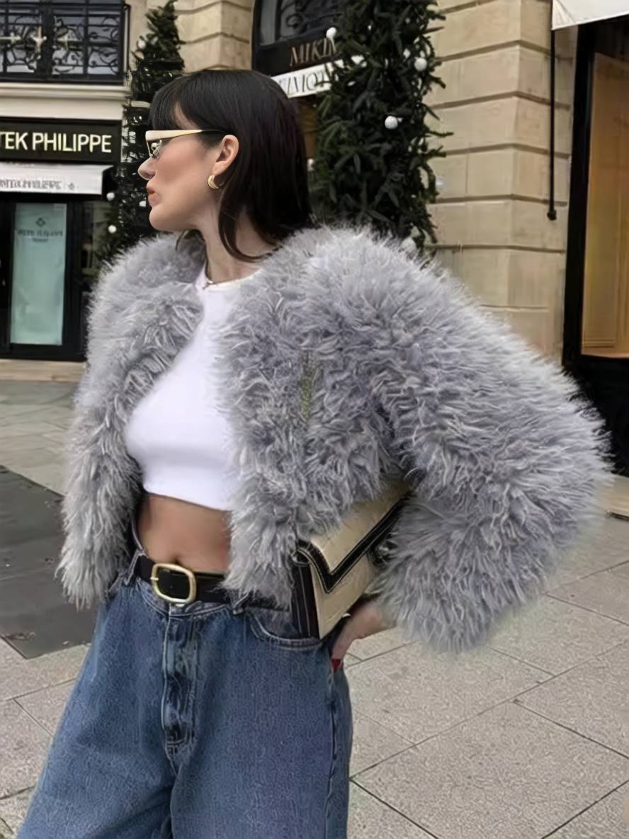 Cocolii court manteau en fausse fourrure col rond manches longues femme élégant décontracté casual hiver veste