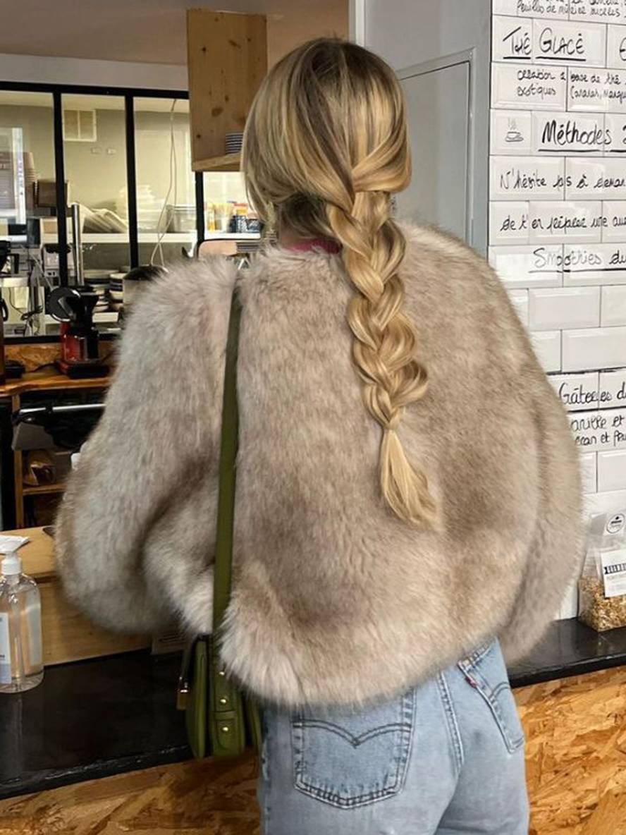 Cocolii court manteau en fausse fourrure unicolore col rond manches longues femme élégant décontracté veste