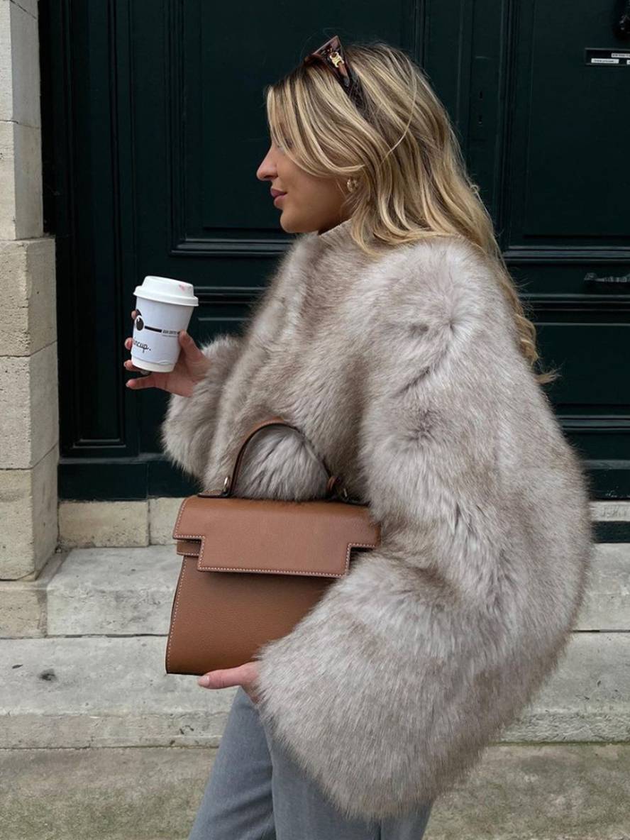 Cocolii court manteau en fausse fourrure unicolore col rond manches longues femme élégant décontracté veste