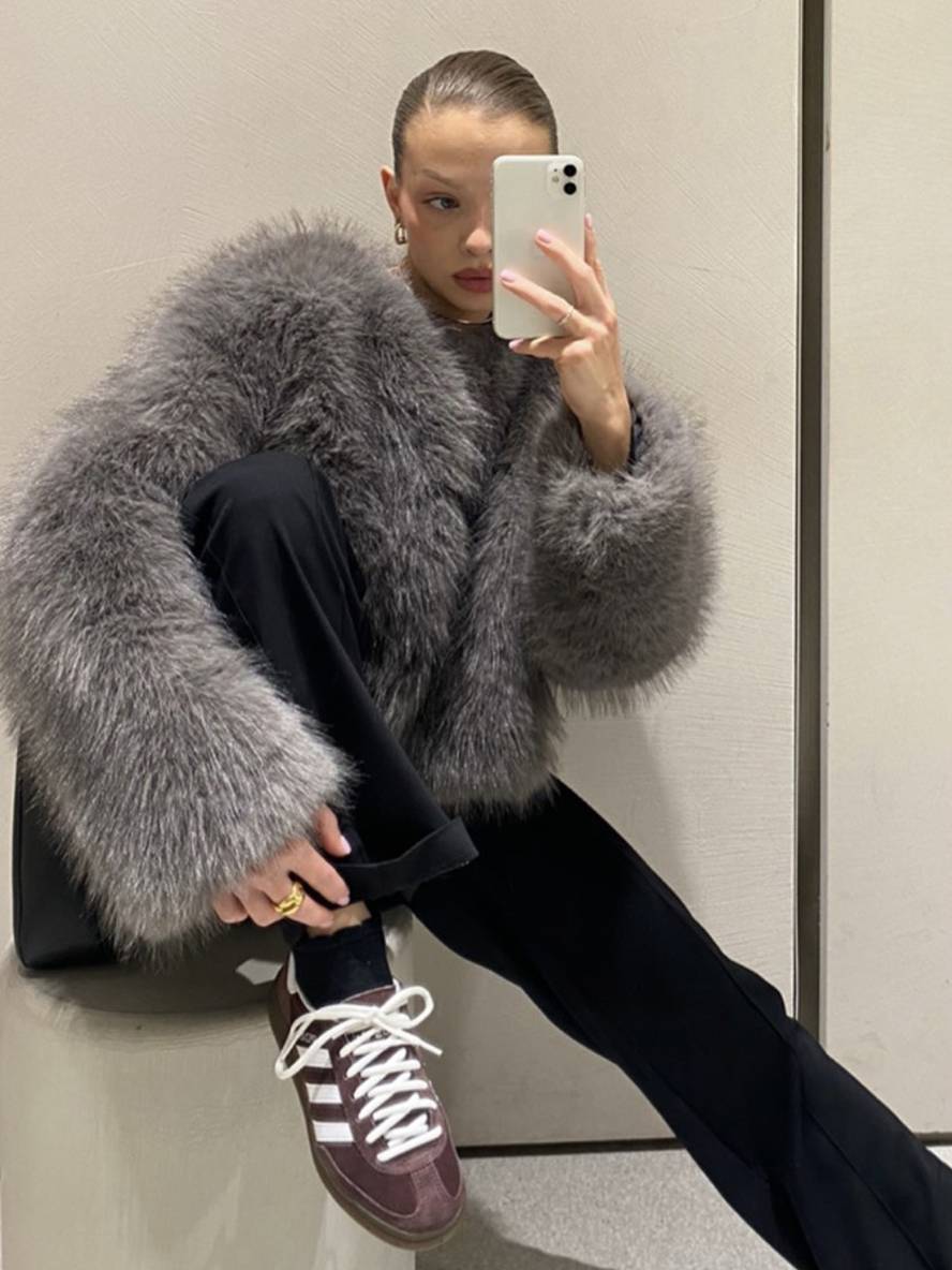 Cocolii court manteau en fausse fourrure unicolore col rond manches longues femme élégant décontracté veste