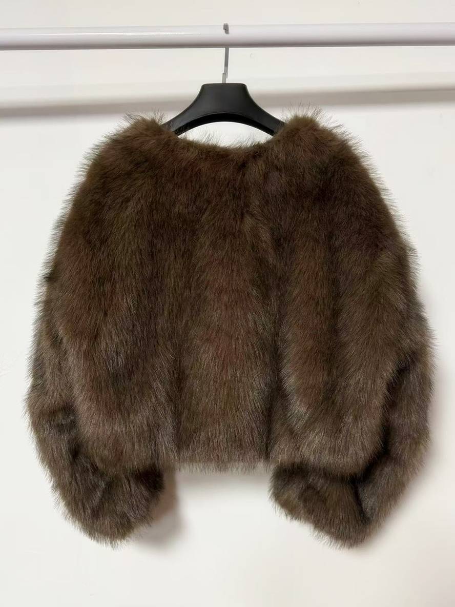 Cocolii court manteau en fausse fourrure unicolore col rond manches longues femme élégant décontracté veste