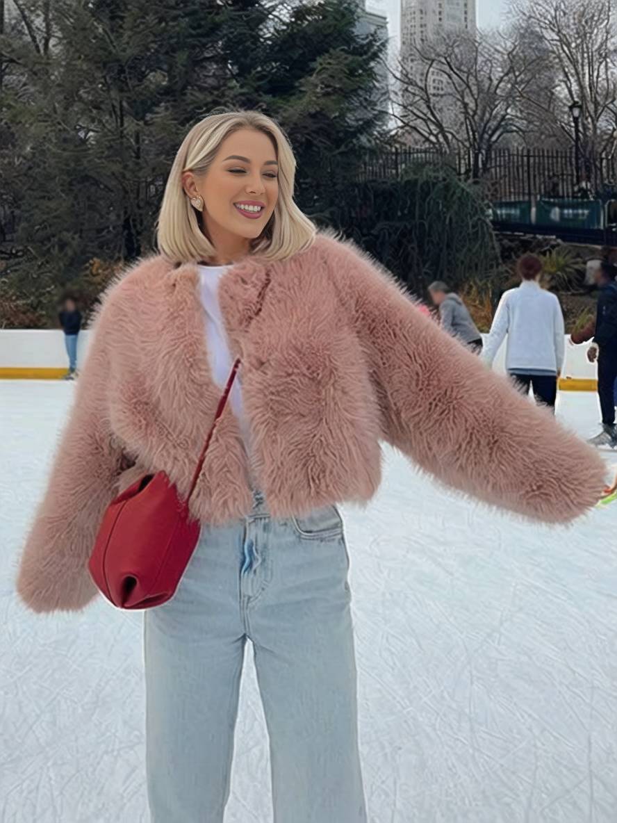 Cocolii court manteau en fausse fourrure unicolore col rond manches longues femme élégant décontracté veste