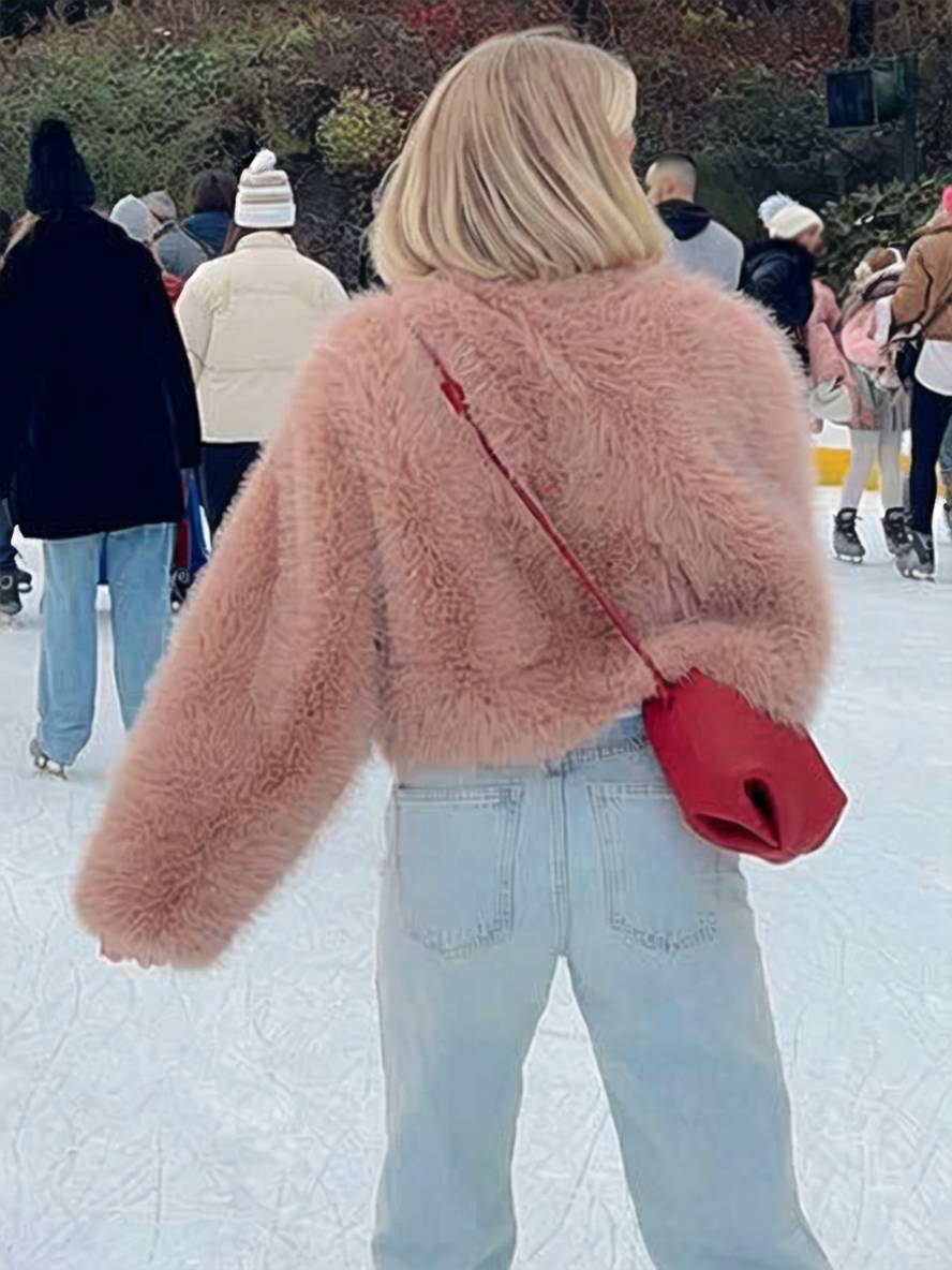 Cocolii court manteau en fausse fourrure unicolore col rond manches longues femme élégant décontracté veste