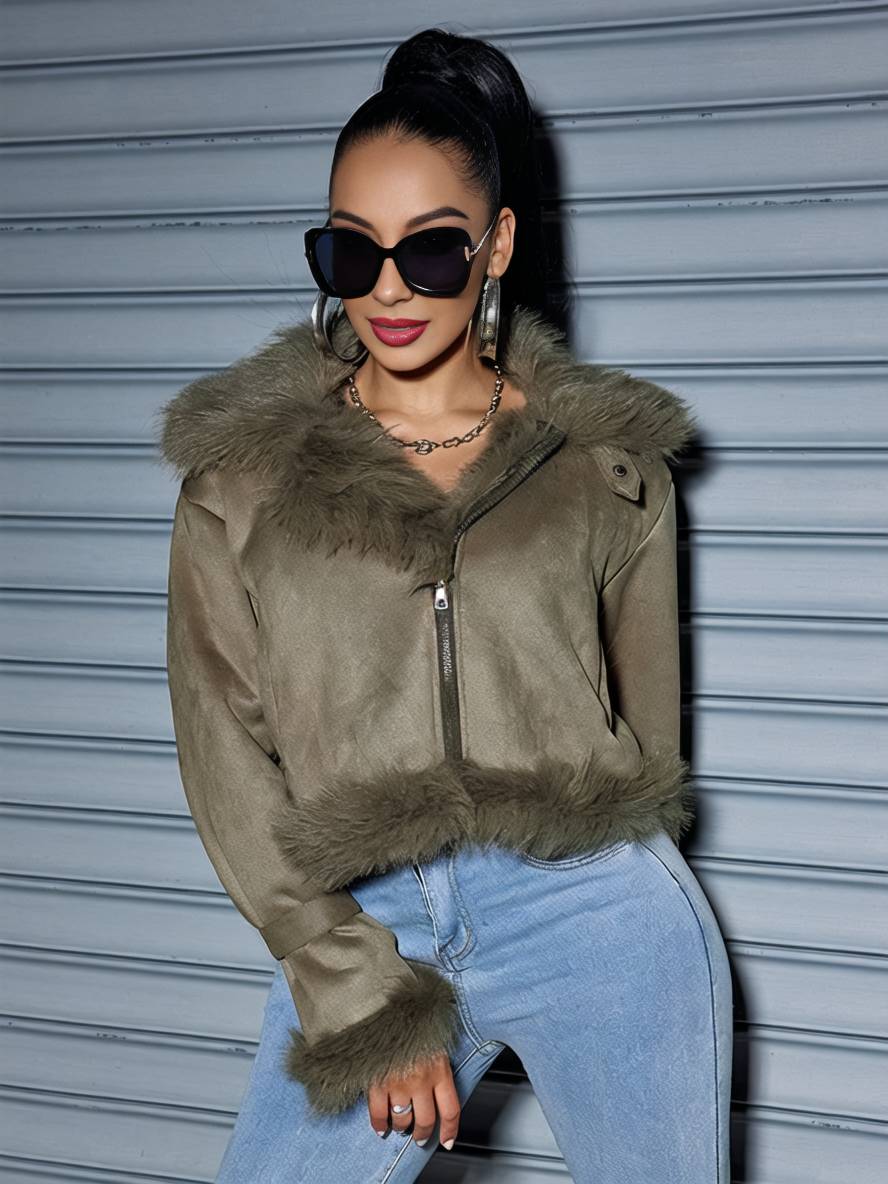 Cocolii court manteau en fausse fourrure veste en daim intérieur fourrure poches manches longues femme décontracté