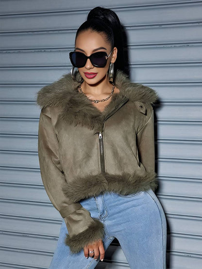 Cocolii court manteau en fausse fourrure veste en daim intérieur fourrure poches manches longues femme décontracté
