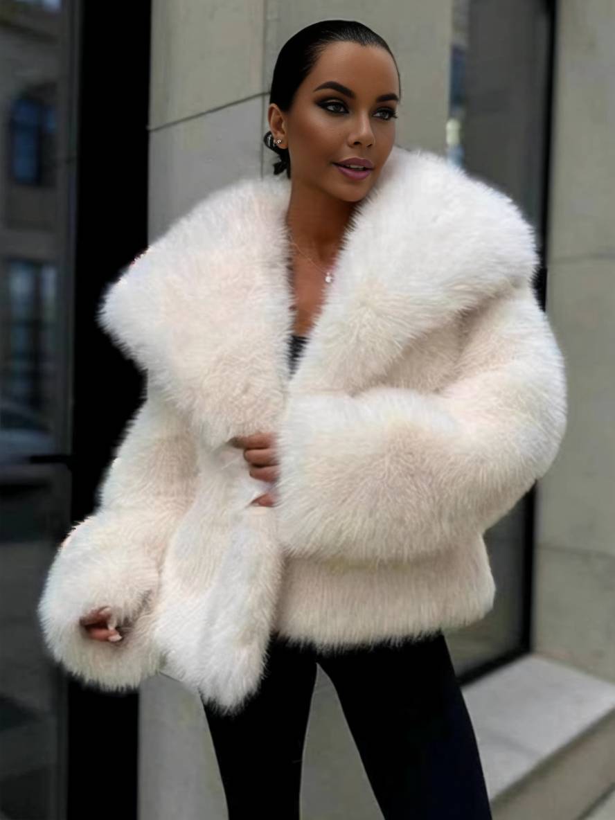 Cocolii court manteau en fausse fourrure unicolore poches col revers manches longues femme décontracté oversized veste