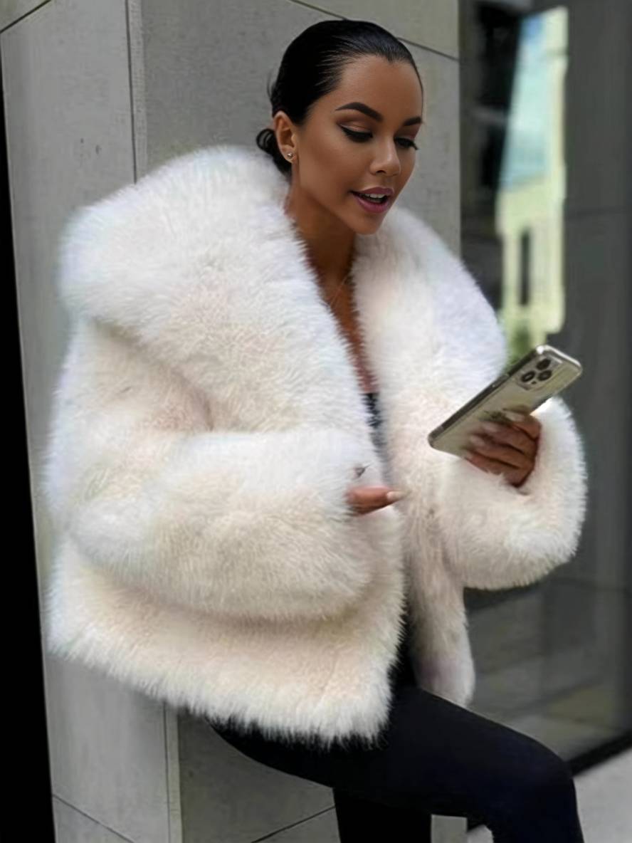 Cocolii court manteau en fausse fourrure unicolore poches col revers manches longues femme décontracté oversized veste