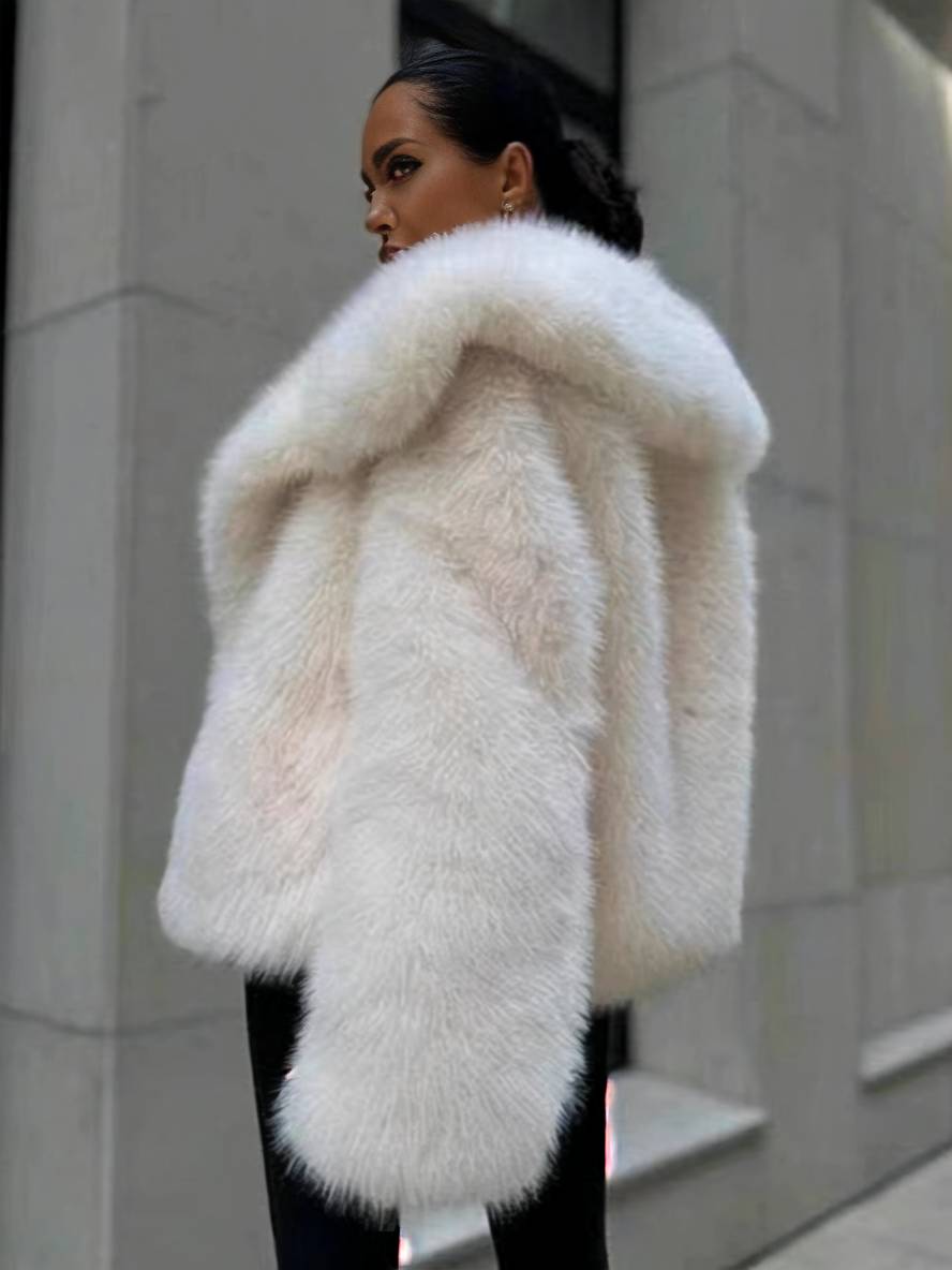 Cocolii court manteau en fausse fourrure unicolore poches col revers manches longues femme décontracté oversized veste