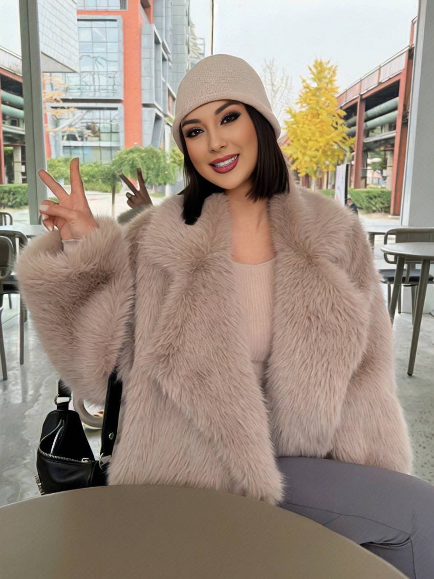 Cocolii hiver mi-longue manteau en fausse fourrure col revers manches longues femme élégant décontracté ample veste