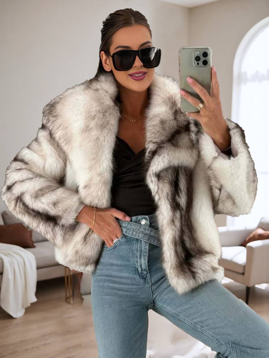 Cocolii manteau en fausse fourrure femme col revers manches longues oversized hiver blouson d'extérieur moelleux
