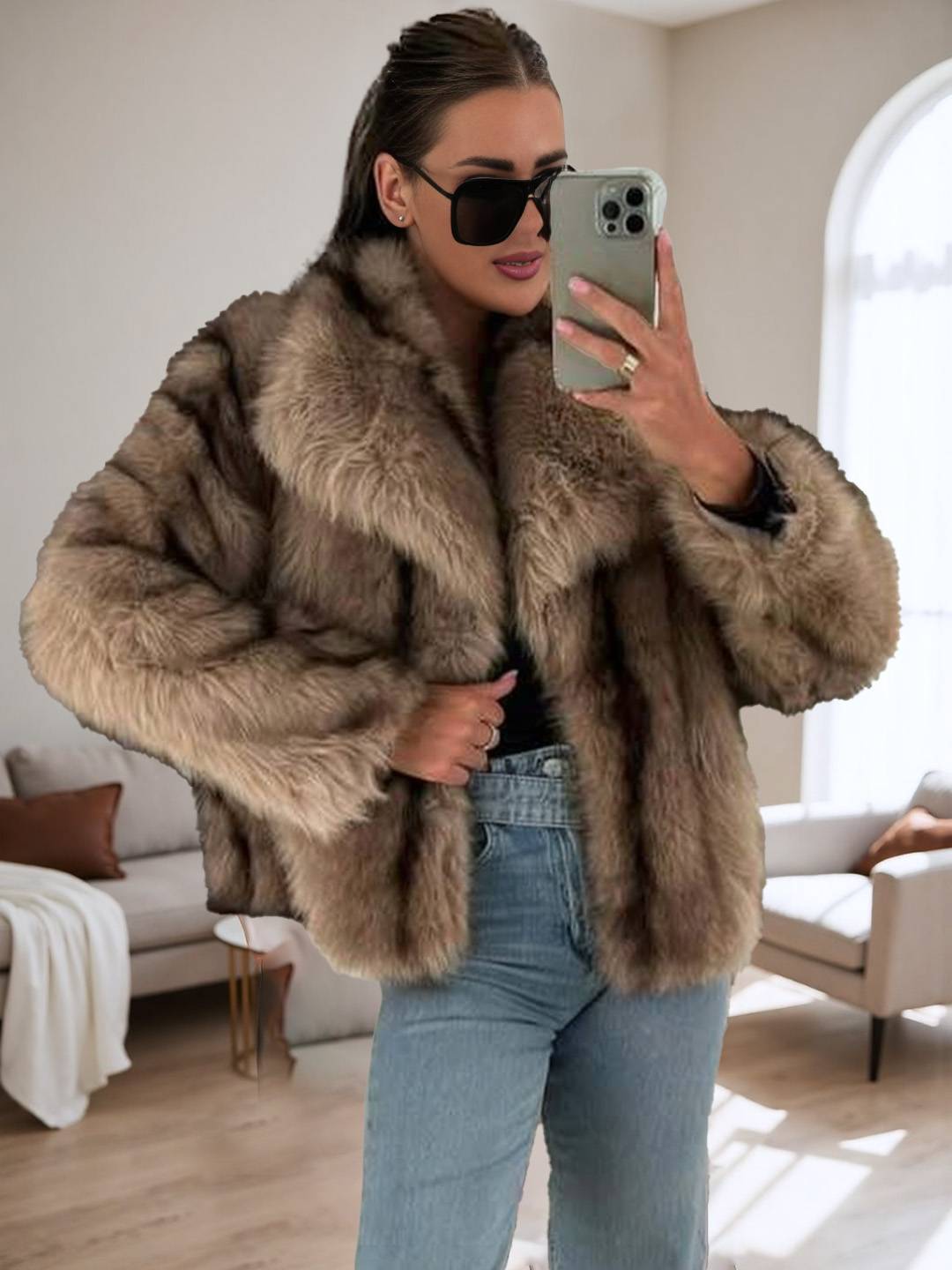 Cocolii manteau en fausse fourrure femme col revers manches longues oversized hiver blouson d'extérieur moelleux