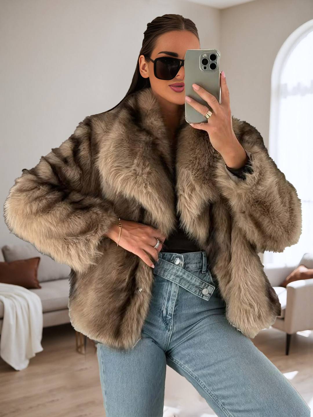 Cocolii manteau en fausse fourrure femme col revers manches longues oversized hiver blouson d'extérieur moelleux