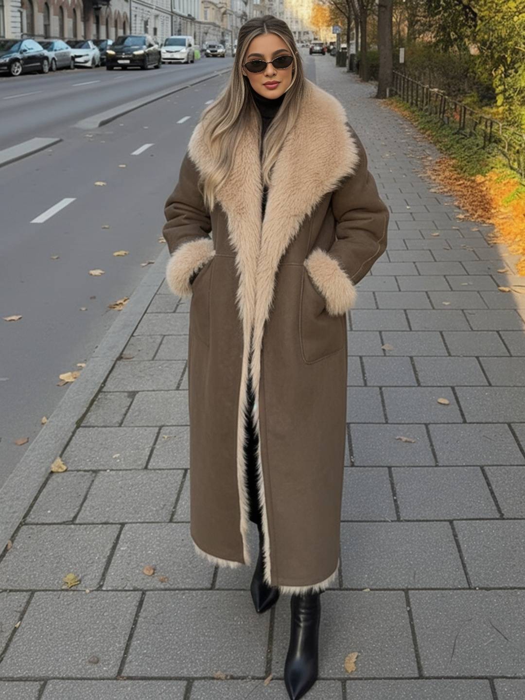 Cocolii longue manteau femme en daim synthétique et fausse fourrure chaud col revers élégant oversized vintage veste