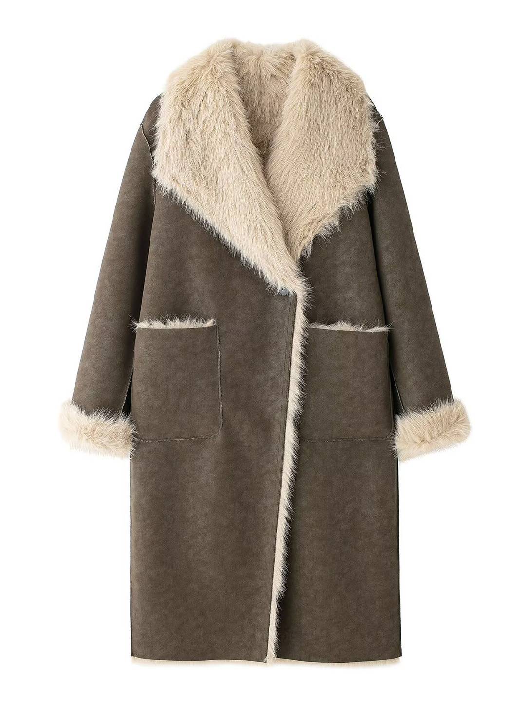 Cocolii longue manteau femme en daim synthétique et fausse fourrure chaud col revers élégant oversized vintage veste