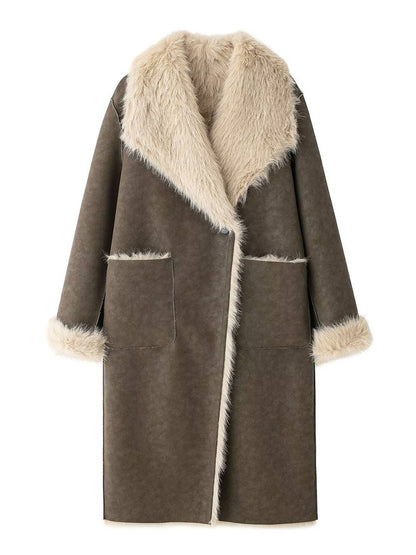 Cocolii longue manteau femme en daim synthétique et fausse fourrure chaud col revers élégant oversized vintage veste