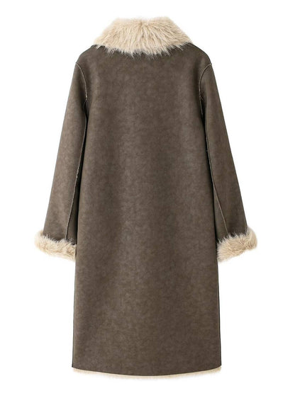 Cocolii longue manteau femme en daim synthétique et fausse fourrure chaud col revers élégant oversized vintage veste