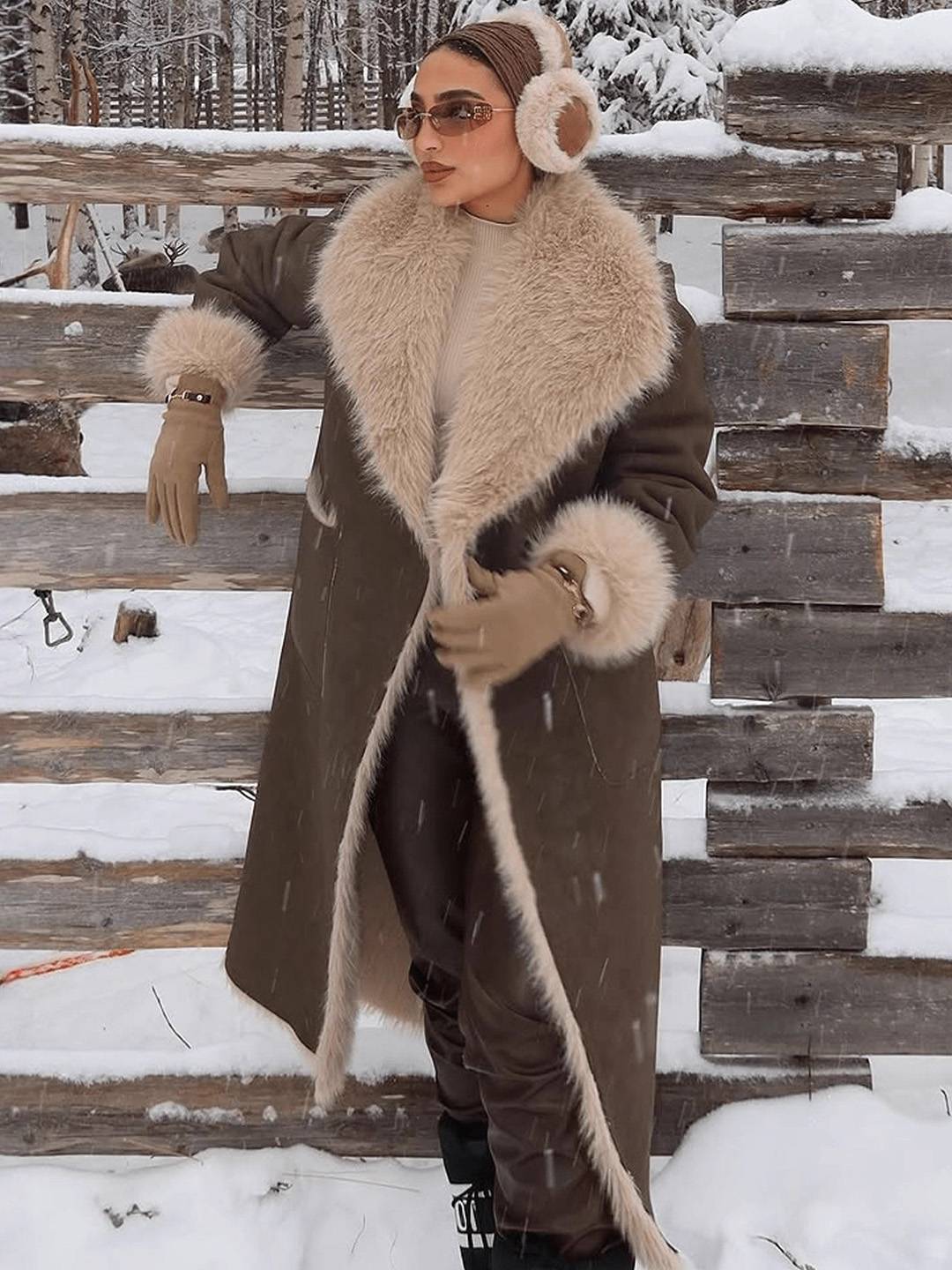 Cocolii longue manteau femme en daim synthétique et fausse fourrure chaud col revers élégant oversized vintage veste