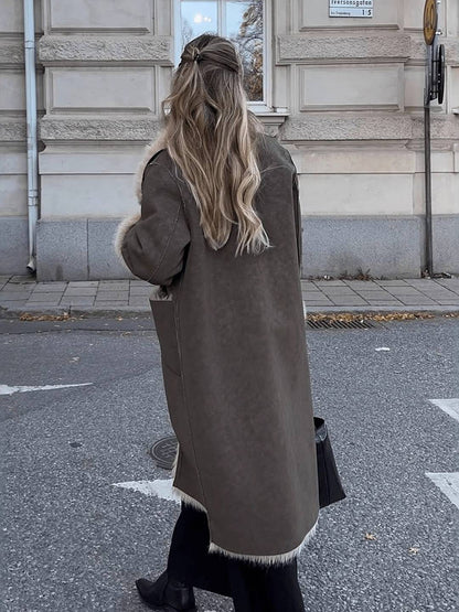 Cocolii longue manteau femme en daim synthétique et fausse fourrure chaud col revers élégant oversized vintage veste
