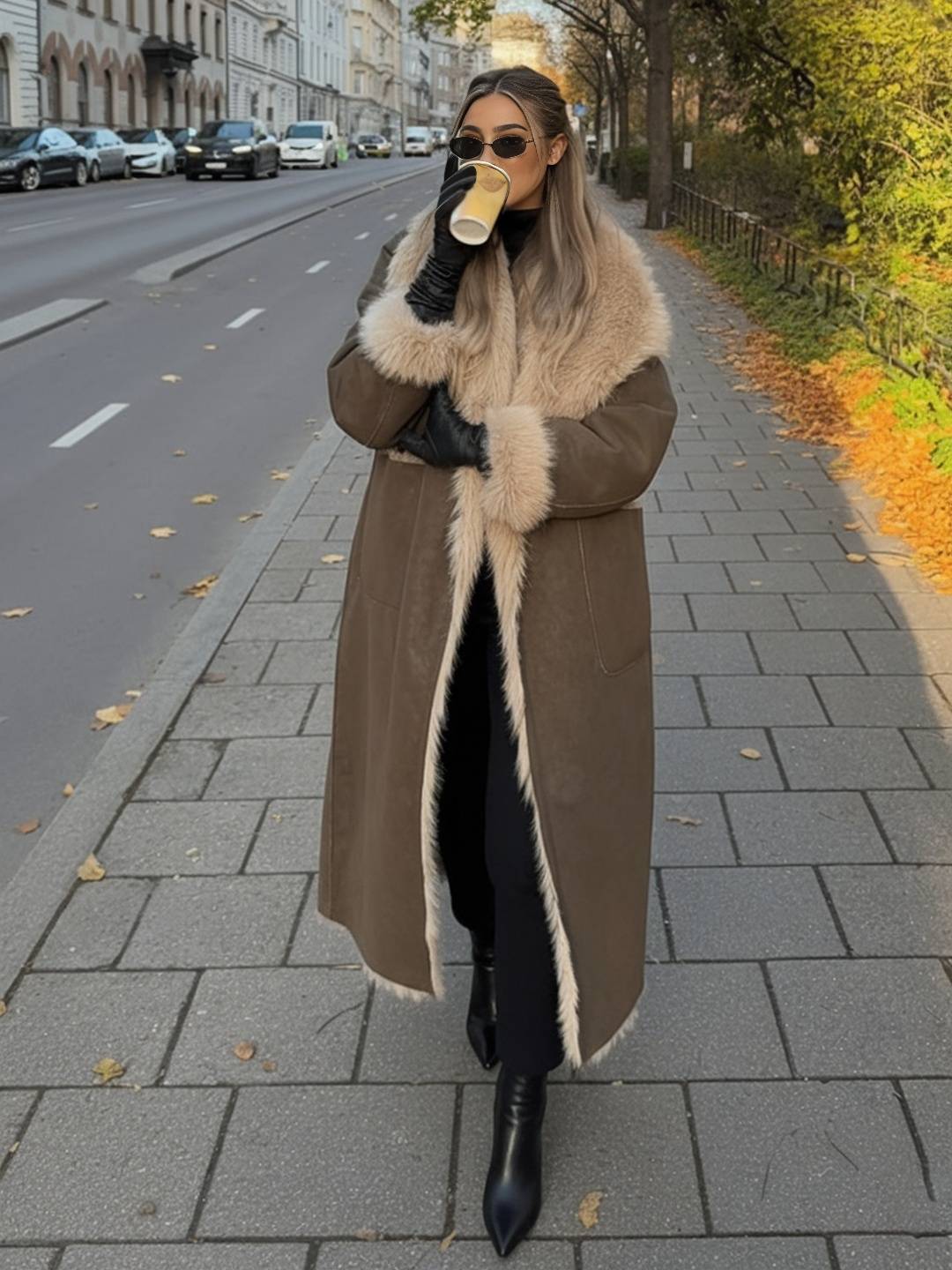 Cocolii longue manteau femme en daim synthétique et fausse fourrure chaud col revers élégant oversized vintage veste