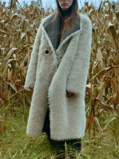 Cocolii longue manteau femme en daim synthétique et fausse fourrure chaud col revers élégant oversized vintage veste