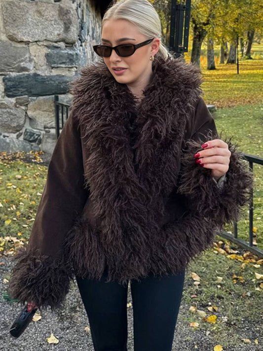 Cocolii manteau en fausse fourrure femme hiver doublure polaire épaisse revers chaud boutonné élégant veste mode vintage