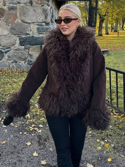 Cocolii manteau en fausse fourrure femme hiver doublure polaire épaisse revers chaud boutonné élégant veste mode vintage