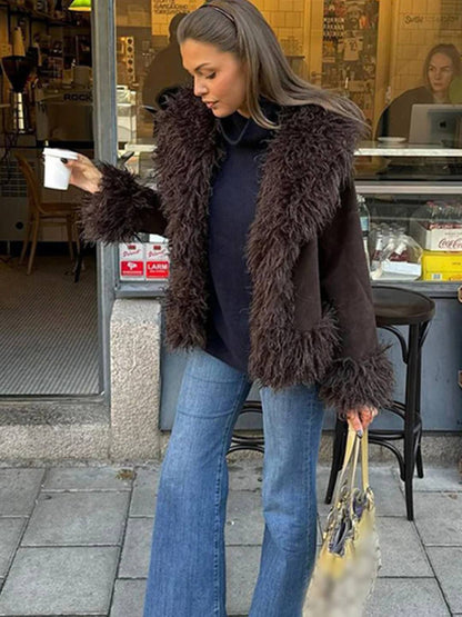 Cocolii manteau en fausse fourrure femme hiver doublure polaire épaisse revers chaud boutonné élégant veste mode vintage