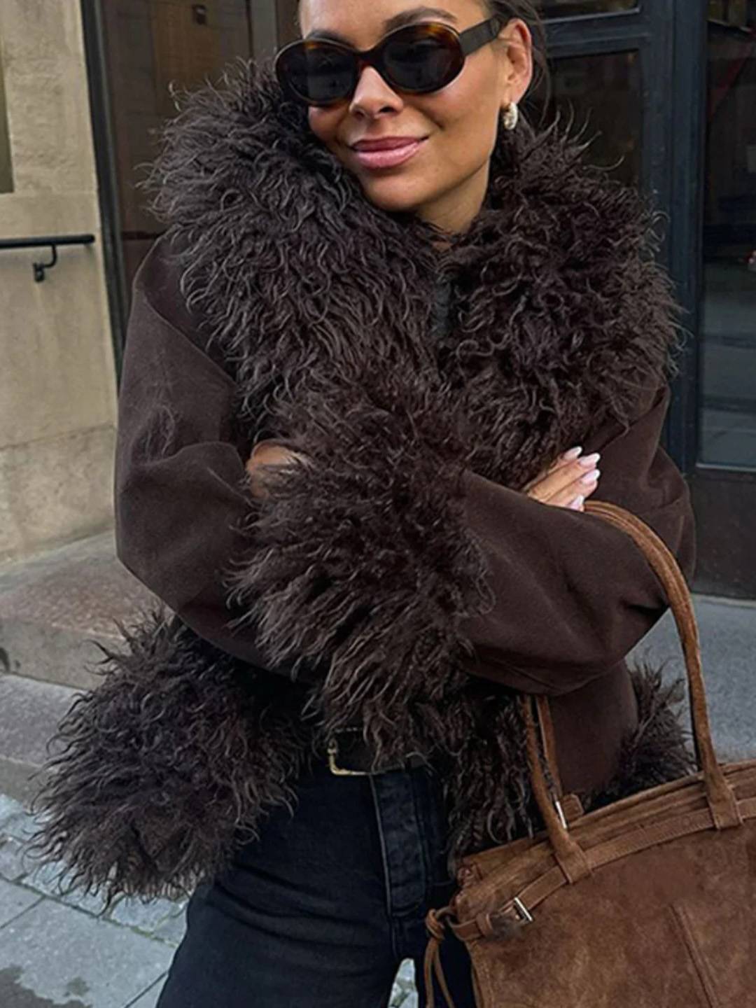 Cocolii manteau en fausse fourrure femme hiver doublure polaire épaisse revers chaud boutonné élégant veste mode vintage