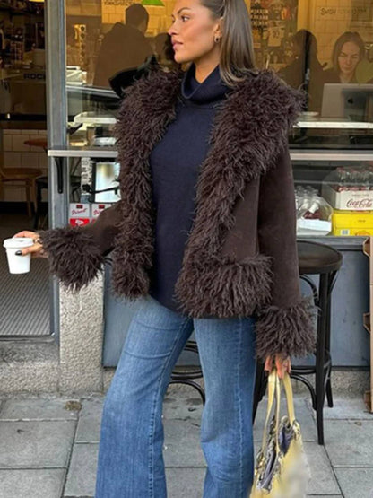 Cocolii manteau en fausse fourrure femme hiver doublure polaire épaisse revers chaud boutonné élégant veste mode vintage