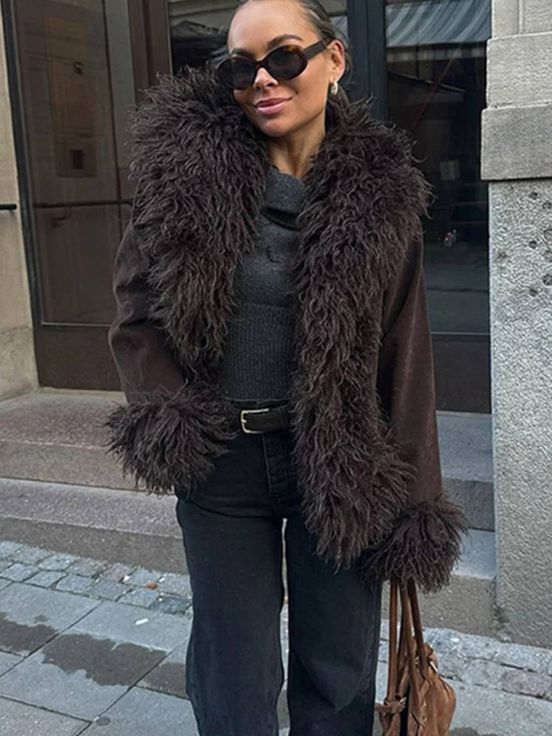 Cocolii manteau en fausse fourrure femme hiver doublure polaire épaisse revers chaud boutonné élégant veste mode vintage