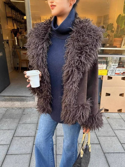 Cocolii manteau en fausse fourrure femme hiver doublure polaire épaisse revers chaud boutonné élégant veste mode vintage