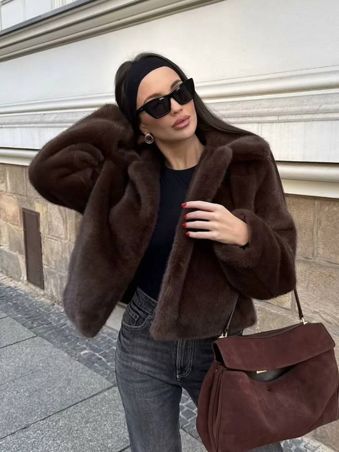 Cocolii court veste en fausse fourrure femme blouson hiver chic et chaud à col revers manteau élégant décontracté