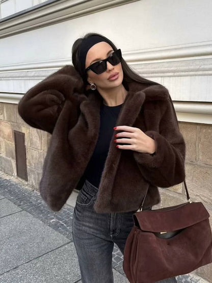 Cocolii court veste en fausse fourrure femme blouson hiver chic et chaud à col revers manteau élégant décontracté