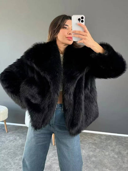 Cocolii court manteau en fausse fourrure moelleuse femme col revers manches longues oversized décontracté veste chaud