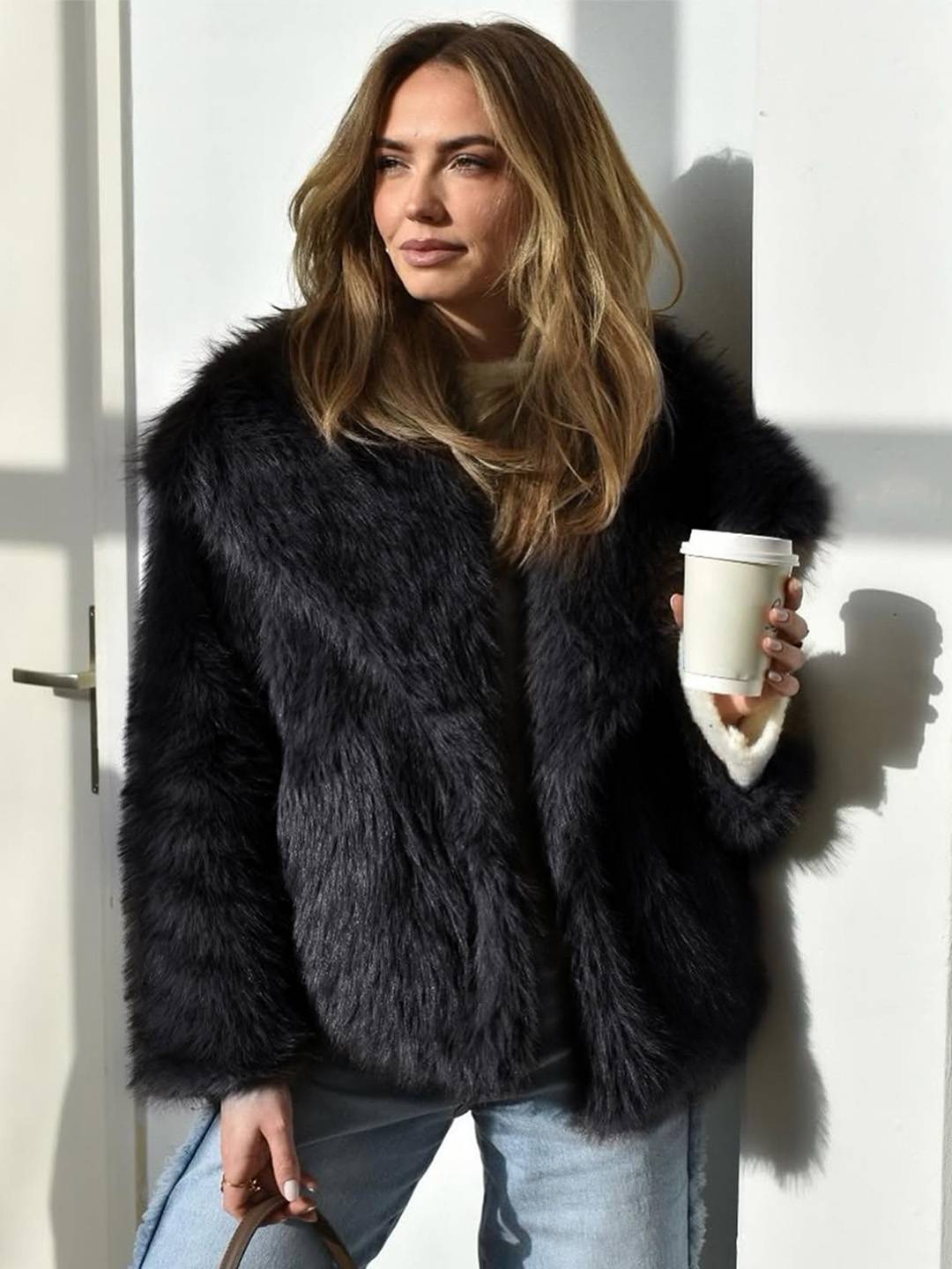 Cocolii court manteau en fausse fourrure moelleuse femme col revers manches longues oversized décontracté veste chaud